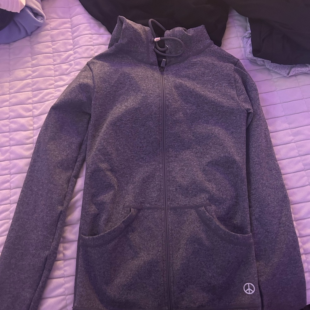 Gray Zip-Up Hoodie with Peace Logo